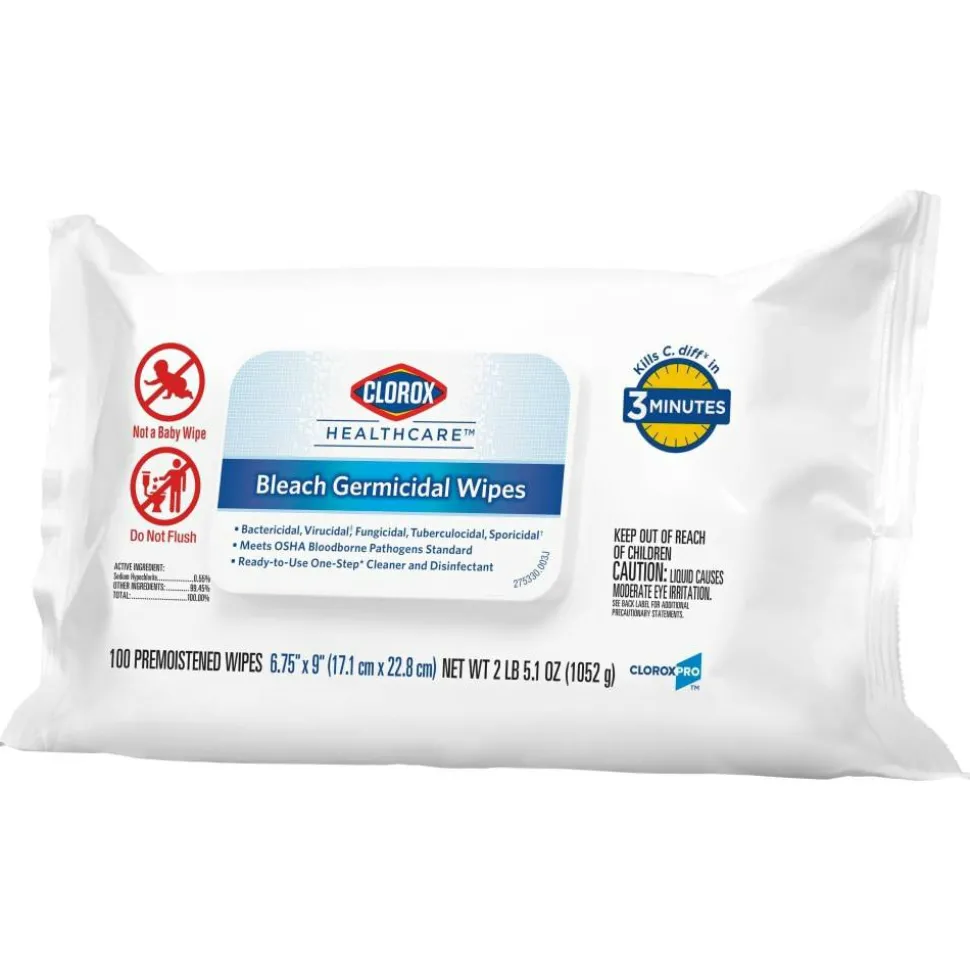 Clorox Healthcare Bleach Germicidal Wipes, 1-Ply, 6.75 x 9, Unscented, White, 100 Wipes/Flat Pack, 6 Packs/Carton