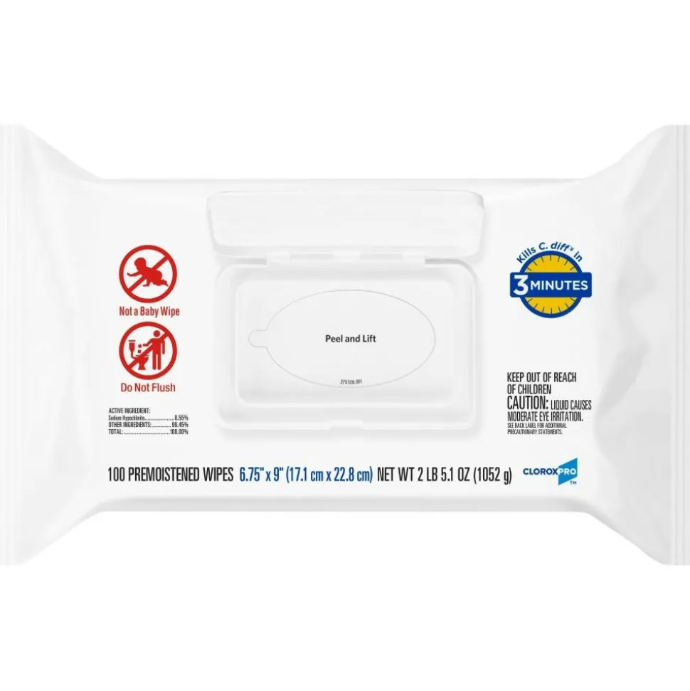 Clorox Healthcare Bleach Germicidal Wipes, 1-Ply, 6.75 x 9, Unscented, White, 100 Wipes/Flat Pack, 6 Packs/Carton