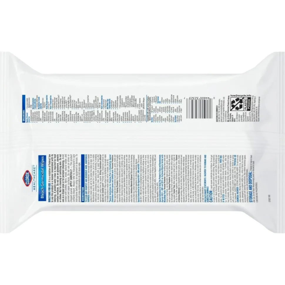Clorox Healthcare Bleach Germicidal Wipes, 1-Ply, 6.75 x 9, Unscented, White, 100 Wipes/Flat Pack, 6 Packs/Carton