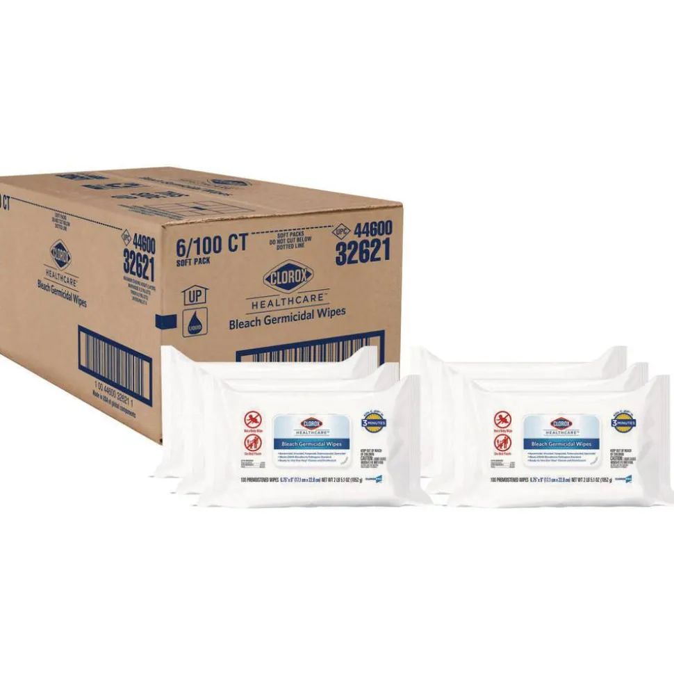 Clorox Healthcare Bleach Germicidal Wipes, 1-Ply, 6.75 x 9, Unscented, White, 100 Wipes/Flat Pack, 6 Packs/Carton