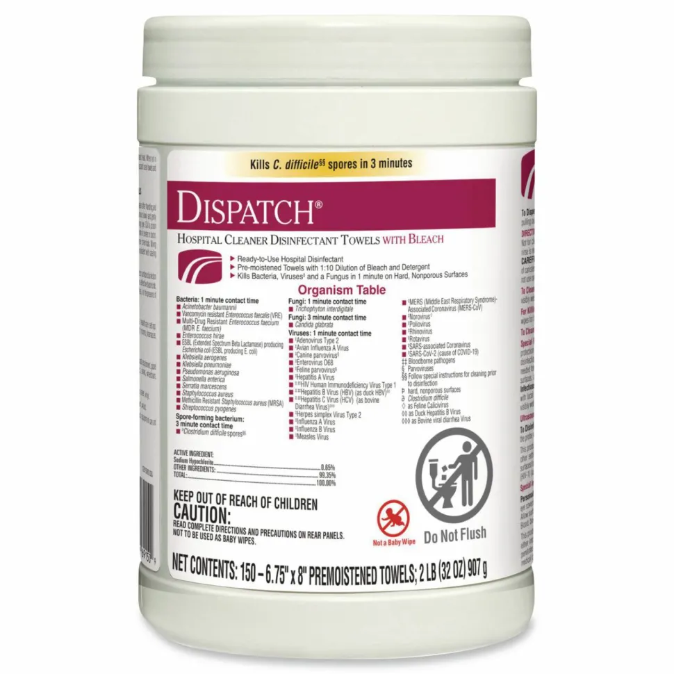 Clorox Healthcare Dispatch Hospital Cleaner Disinfectant Towels with Bleach, 1-Ply, 6.75 x 8, Unscented, White, 150/Canister