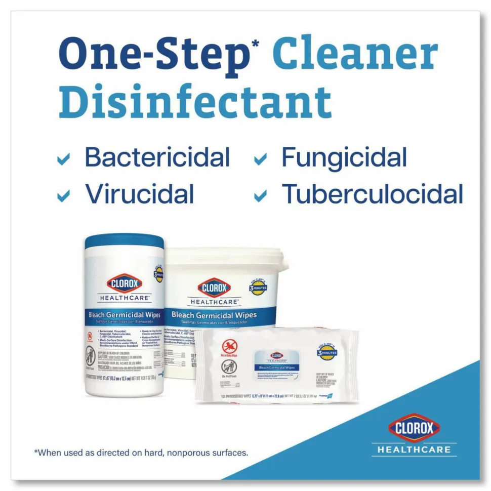 Clorox Healthcare Germicidal Wipes With Bleach, Unscented, 6" x 5", Pack Of 150 Wipes