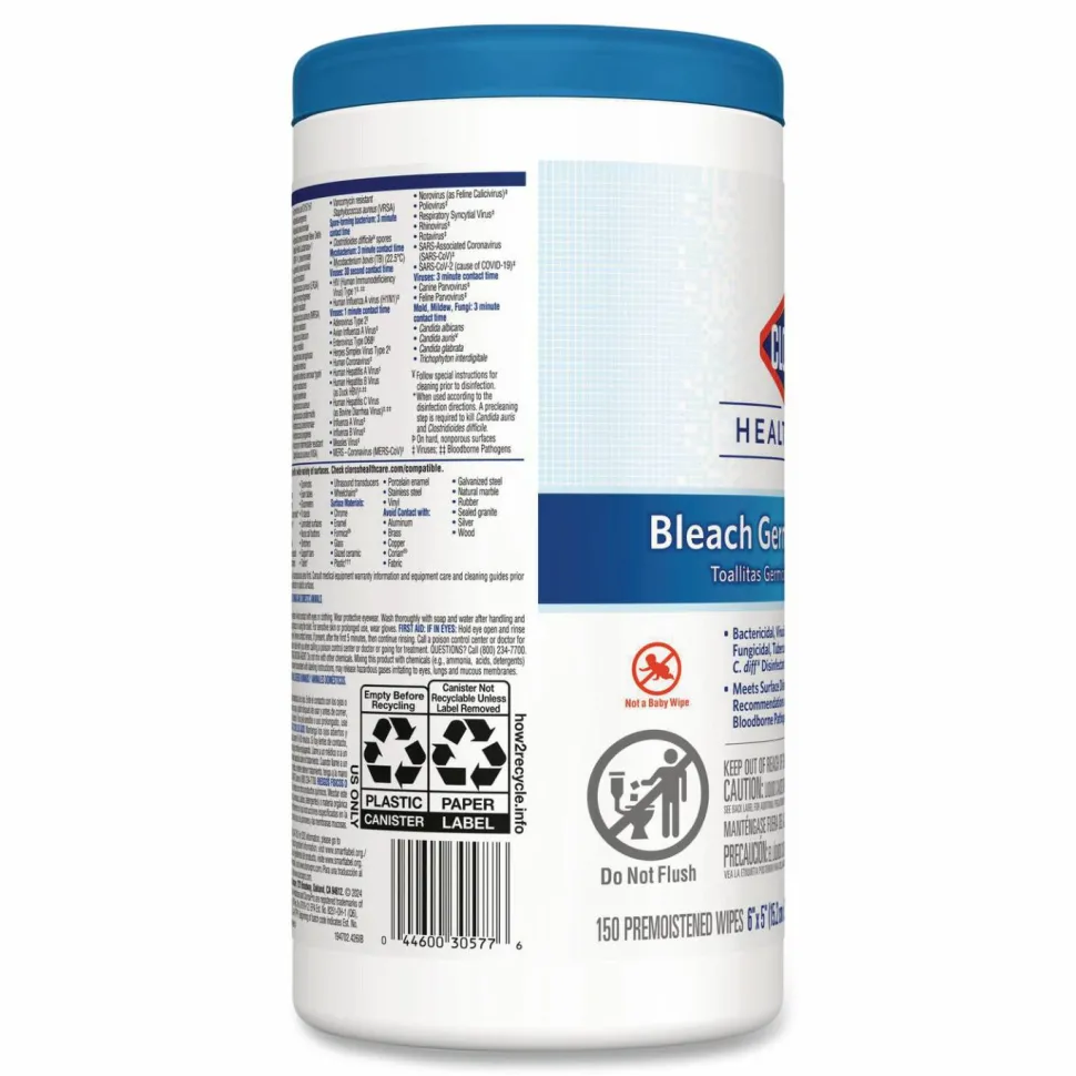 Clorox Healthcare Germicidal Wipes With Bleach, Unscented, 6" x 5", Pack Of 150 Wipes