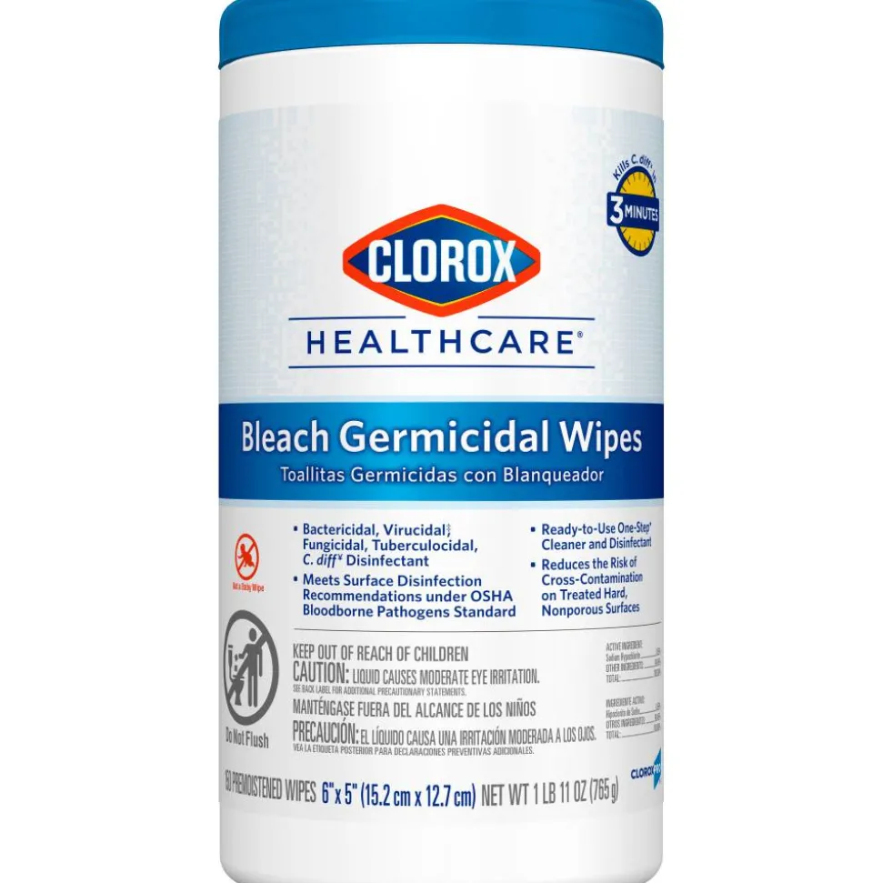 Clorox Healthcare Germicidal Wipes With Bleach, Unscented, 6" x 5", Pack Of 150 Wipes