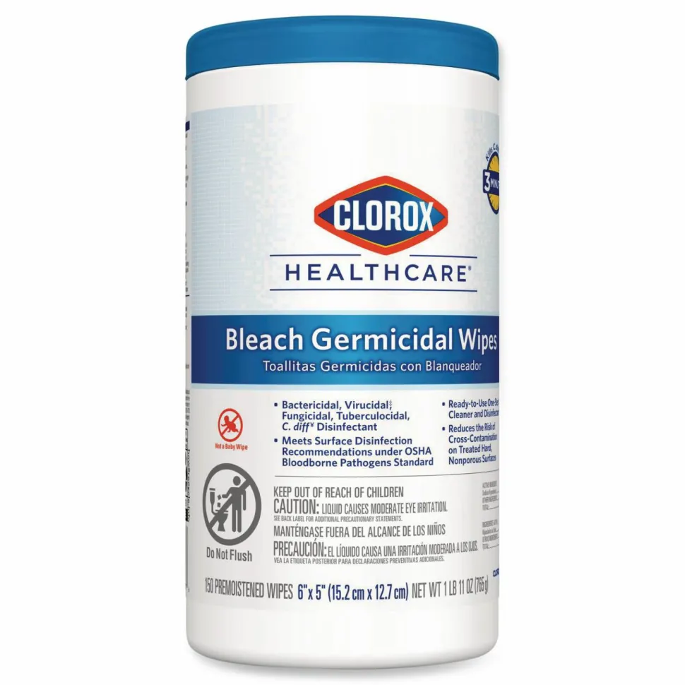 Clorox Healthcare Germicidal Wipes With Bleach, Unscented, 6" x 5", Pack Of 150 Wipes