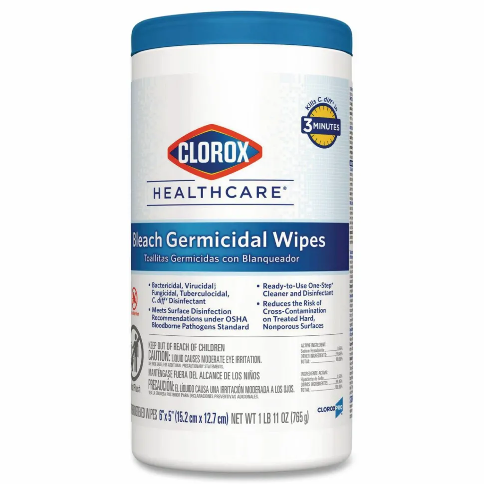 Clorox Healthcare Germicidal Wipes With Bleach, Unscented, 6" x 5", Pack Of 150 Wipes