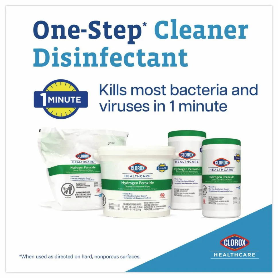 Clorox Healthcare Hydrogen Peroxide Cleaner Disinfectant Wipes, 12 x 11, Unscented, White, 185/Bucket, 2 Buckets/Carton