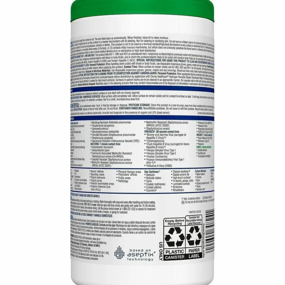 Clorox Healthcare Hydrogen Peroxide Disinfecting Wipes, 9" x 6 3/4", Canister Of 95 Wipes