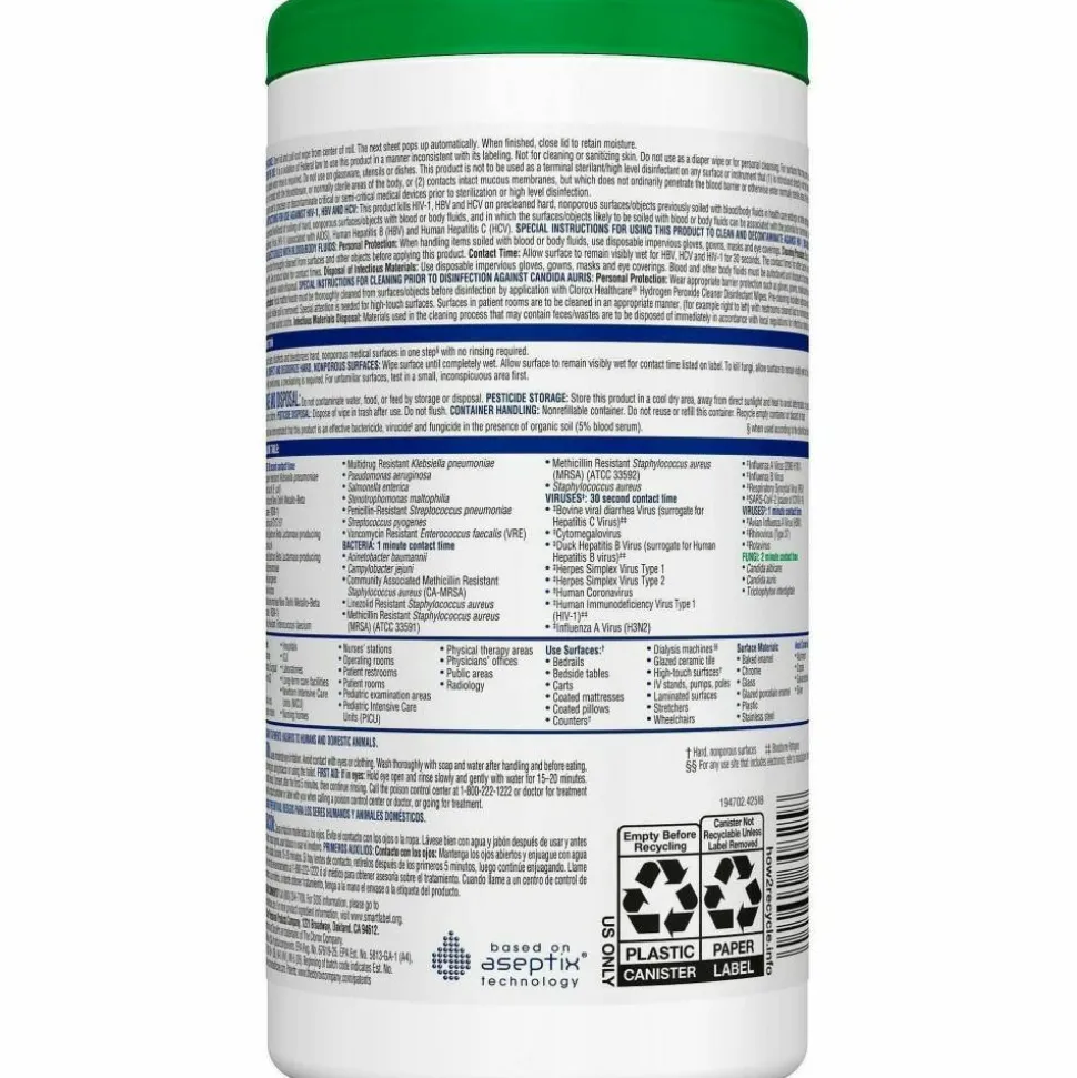 Clorox Healthcare Hydrogen Peroxide Cleaner Disinfectant Wipes - 5.75" Lx6.75" W - Bleach-free, Antibacterial - White - 155/Tub - 450/Pallet - 30825PL