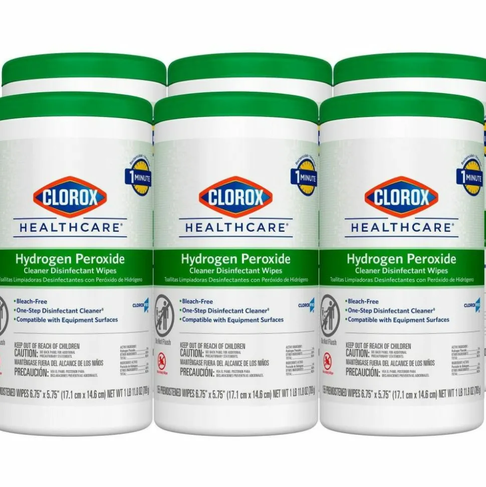 Clorox Healthcare Hydrogen Peroxide Cleaner Disinfectant Wipes - 5.75" Lx6.75" W - Bleach-free, Antibacterial - White - 155/Tub - 450/Pallet - 30825PL
