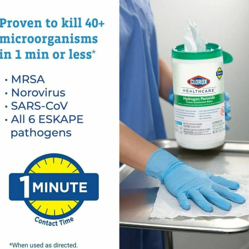 Clorox Healthcare Hydrogen Peroxide Cleaner Disinfectant Wipes - 5.75" Lx6.75" W - Bleach-free, Antibacterial - White - 155/Tub - 450/Pallet - 30825PL