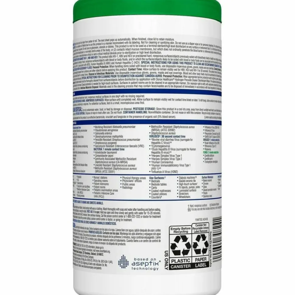 Clorox Healthcare Hydrogen Peroxide Cleaner Disinfectant Wipes - 9" Length x 6.75" Width - Bleach-free, Antibacterial - White - 95/Tub - 75 / Pallet