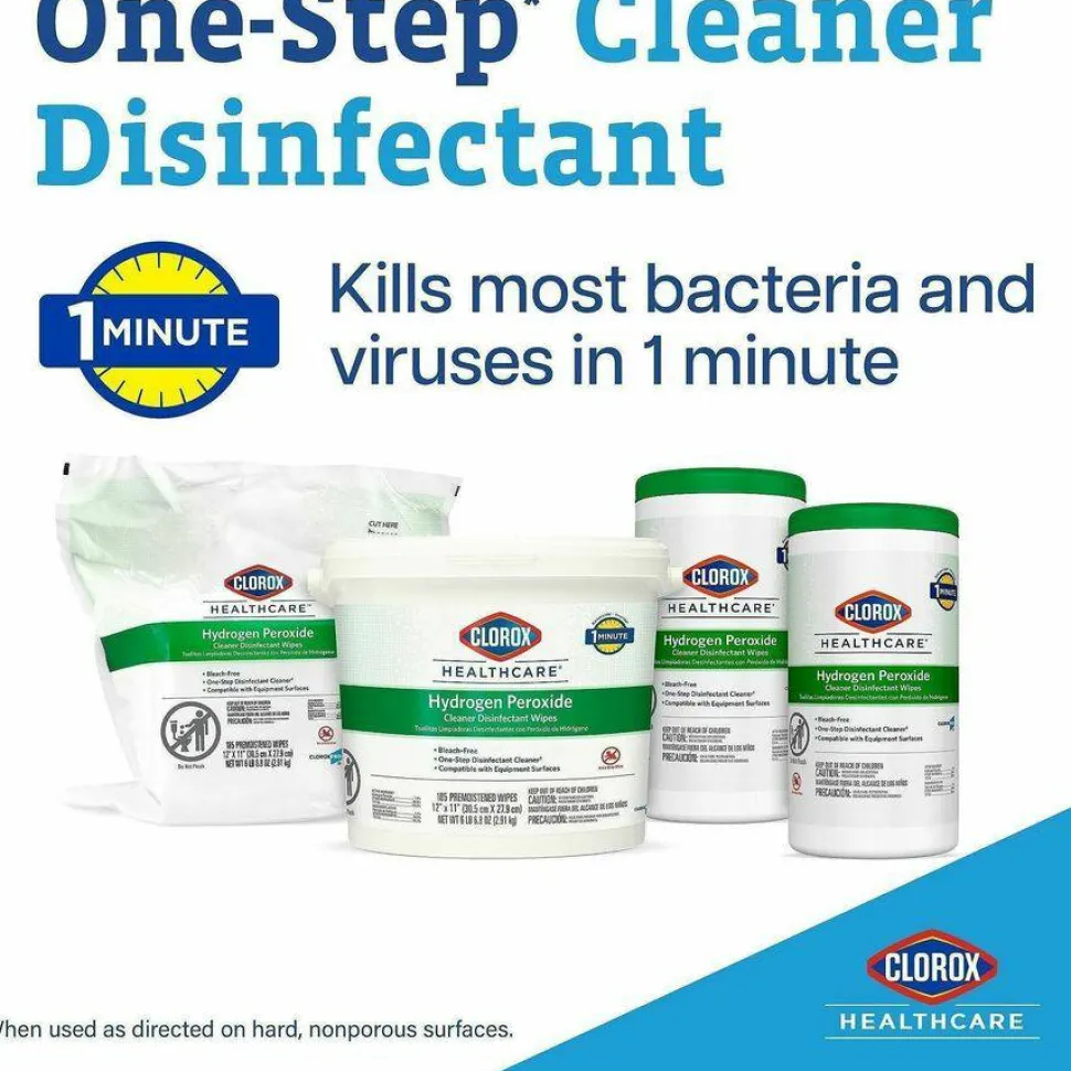 Clorox Healthcare Hydrogen Peroxide Cleaner Disinfectant Wipes - 9" Length x 6.75" Width - Bleach-free, Antibacterial - White - 95/Tub - 75 / Pallet