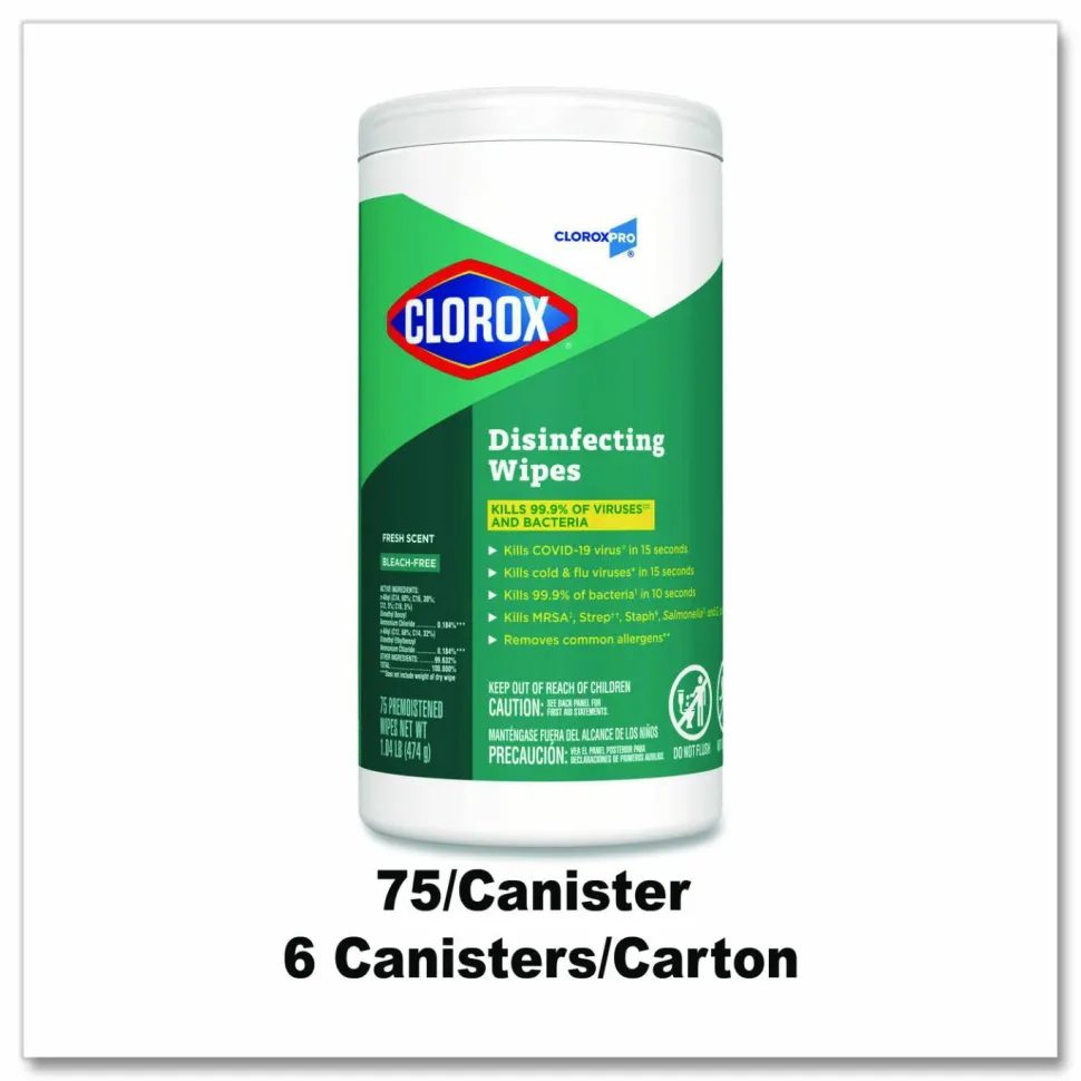 CloroxPro Clorox Disinfecting Wipes, Fresh Scent, 75 Wipes Per Canister, Box Of 6 Canisters