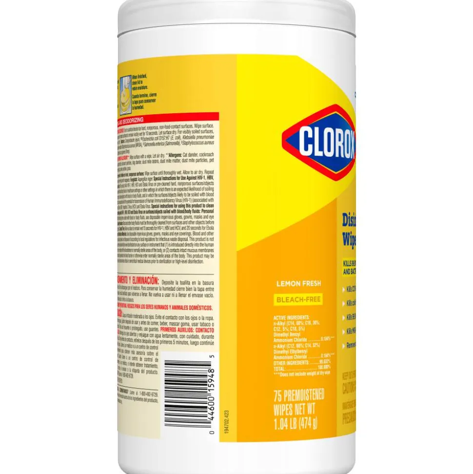 CloroxPro Clorox Disinfecting Wipes, Lemon Fresh, 75 Wipes Per Canister, Box Of 6 Canisters