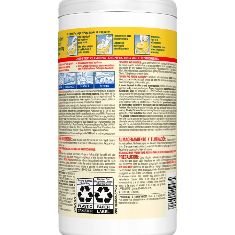 CloroxPro Clorox Disinfecting Wipes, Lemon Fresh, 75 Wipes Per Canister, Box Of 6 Canisters