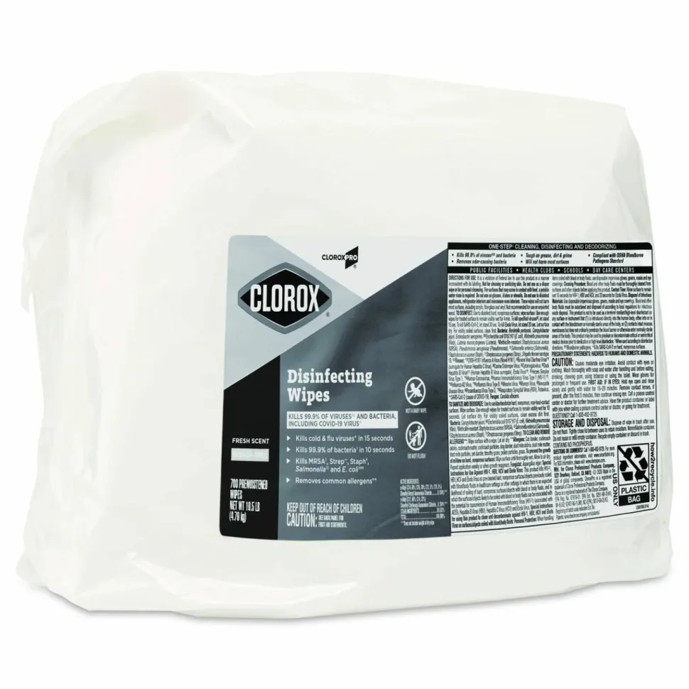 CloroxPro Disinfecting Wipes, 1-Ply, 7 x 7, Fresh Scent, White, 700/Bag Refill, 2 Bags/Carton