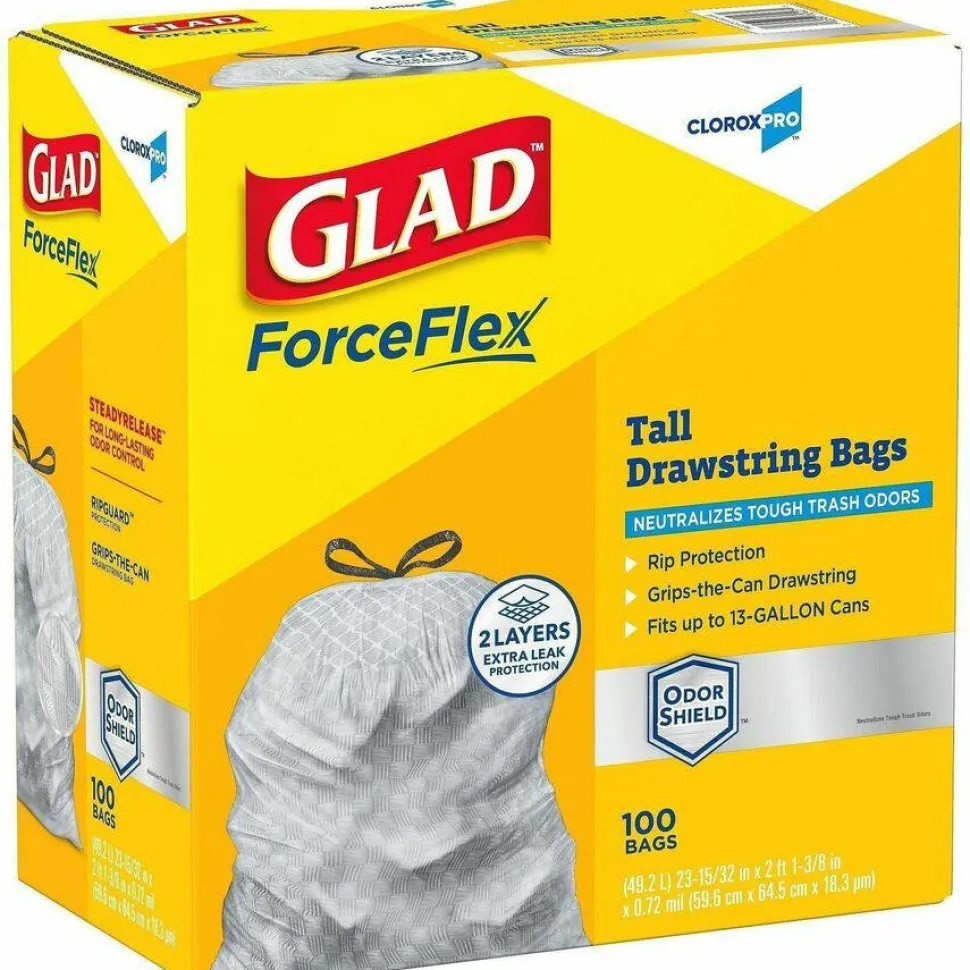 CloroxPro Glad ForceFlex Tall Kitchen Drawstring Trash Bags, 0.9 mil, 13 Gallon, Grey, Box Of 100