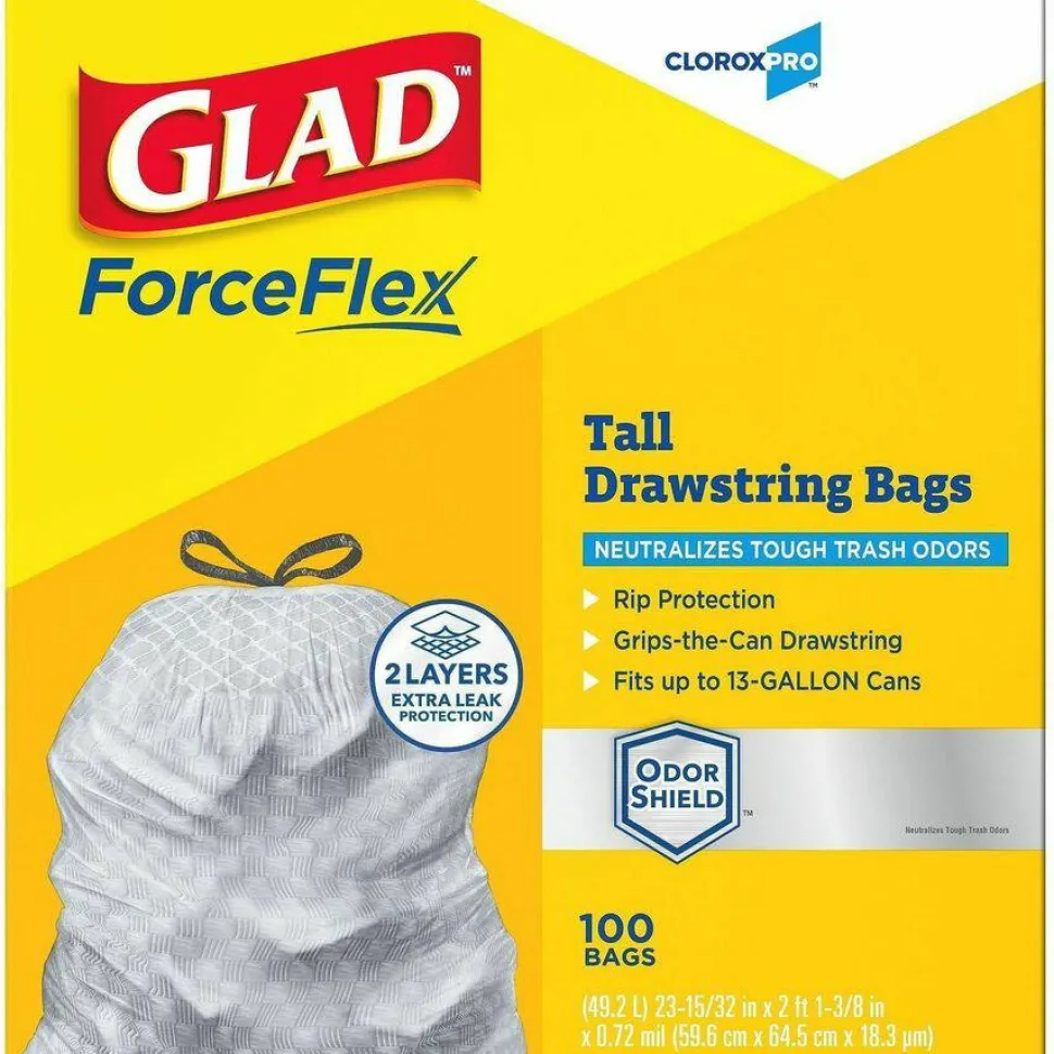 CloroxPro Glad ForceFlex Tall Kitchen Drawstring Trash Bags, 0.9 mil, 13 Gallon, Grey, Box Of 100