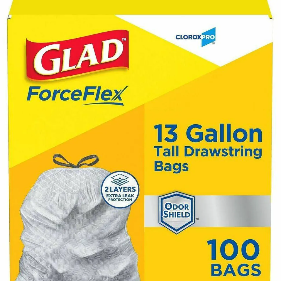 CloroxPro Glad ForceFlex Tall Kitchen Drawstring Trash Bags, 0.9 mil, 13 Gallon, Grey, Box Of 100