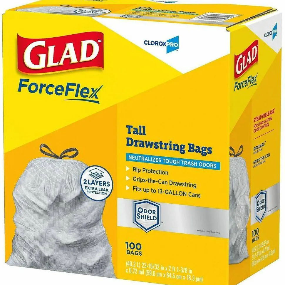 CloroxPro Glad ForceFlex Tall Kitchen Drawstring Trash Bags, 0.9 mil, 13 Gallon, Grey, Box Of 100