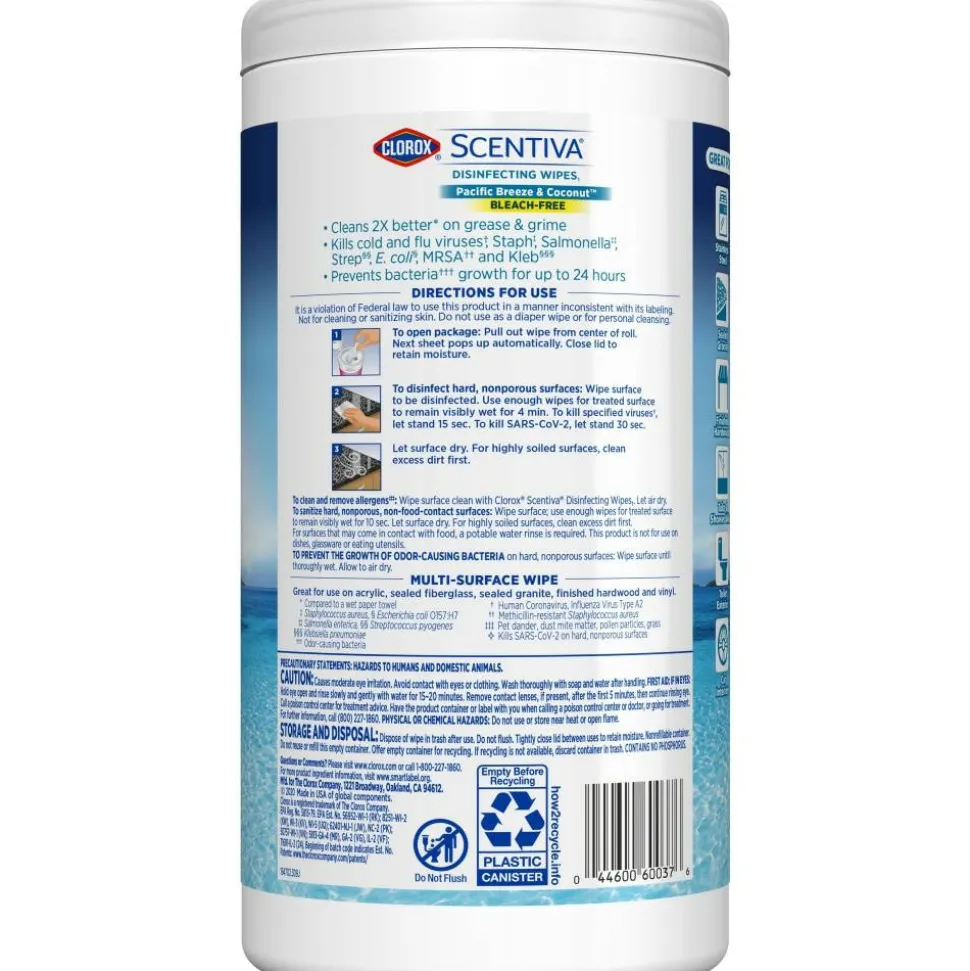 Clorox Scentiva Bleach-Free Cleaning Wipes, Pacific Breeze & Coconut Scent, 7" x 7-1/4", Canister Of 75 Wipes