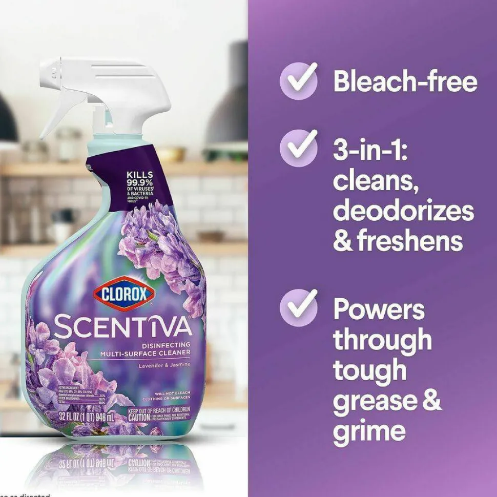 Clorox Scentiva Disinfecting Multi-Surface Cleaner, Bleach Free, Lavender and Jasmine Scent, 32 oz Spray Bottle, 9/Carton