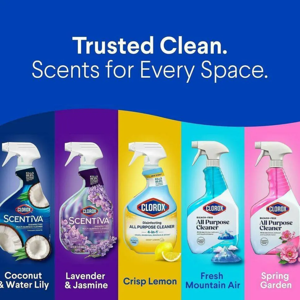 Clorox Scentiva Disinfecting Multi-Surface Cleaner, Bleach Free, Lavender and Jasmine Scent, 32 oz Spray Bottle, 9/Carton