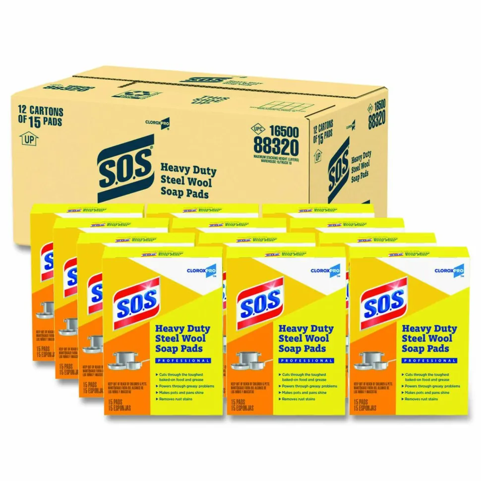 Clorox S.O.S. Steel Wool Heavy-Duty Soap Pads, 15 Per Box, Case Of 12 Boxes