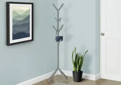 Coat Rack, Hall Tree, Free Standing, 8 Hooks, Entryway, 70"H, Bedroom, Grey Metal, Contemporary, Modern