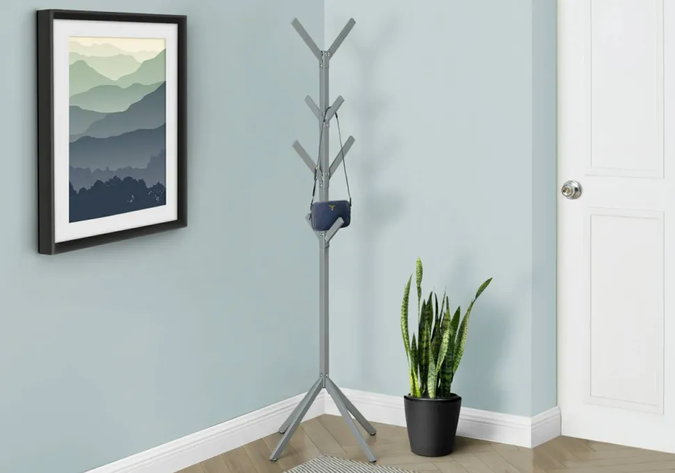 Coat Rack, Hall Tree, Free Standing, 8 Hooks, Entryway, 70"H, Bedroom, Grey Metal, Contemporary, Modern