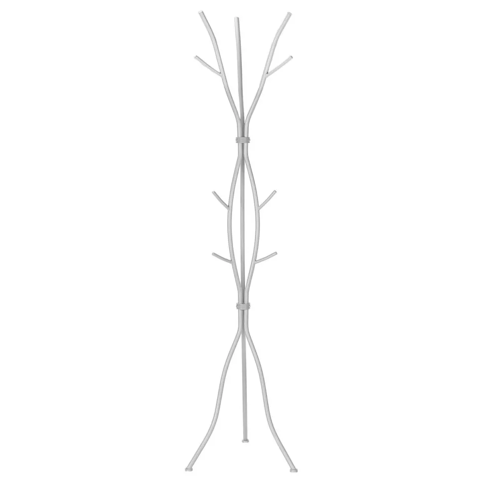 Coat Rack, Hall Tree, Free Standing, 11 Hooks, Entryway, 74"H, Bedroom, Grey Metal, Contemporary, Modern