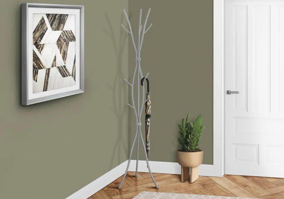 Coat Rack, Hall Tree, Free Standing, 11 Hooks, Entryway, 74"H, Bedroom, Grey Metal, Contemporary, Modern