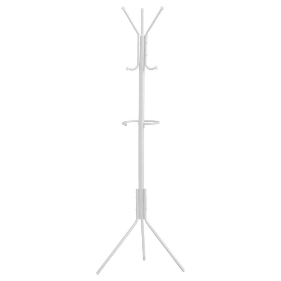 Coat Rack, Hall Tree, Free Standing, Hanging Bar, 6 Hooks, Entryway, 68"H, Bedroom, White Metal, Contemporary, Modern