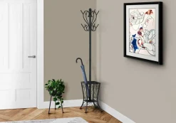 Coat Rack, Hall Tree, Free Standing, 8 Hooks, Entryway, 71"H, Umbrella Holder, Bedroom, Black Metal, Transitional