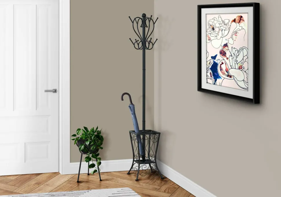 Coat Rack, Hall Tree, Free Standing, 8 Hooks, Entryway, 71"H, Umbrella Holder, Bedroom, Black Metal, Transitional
