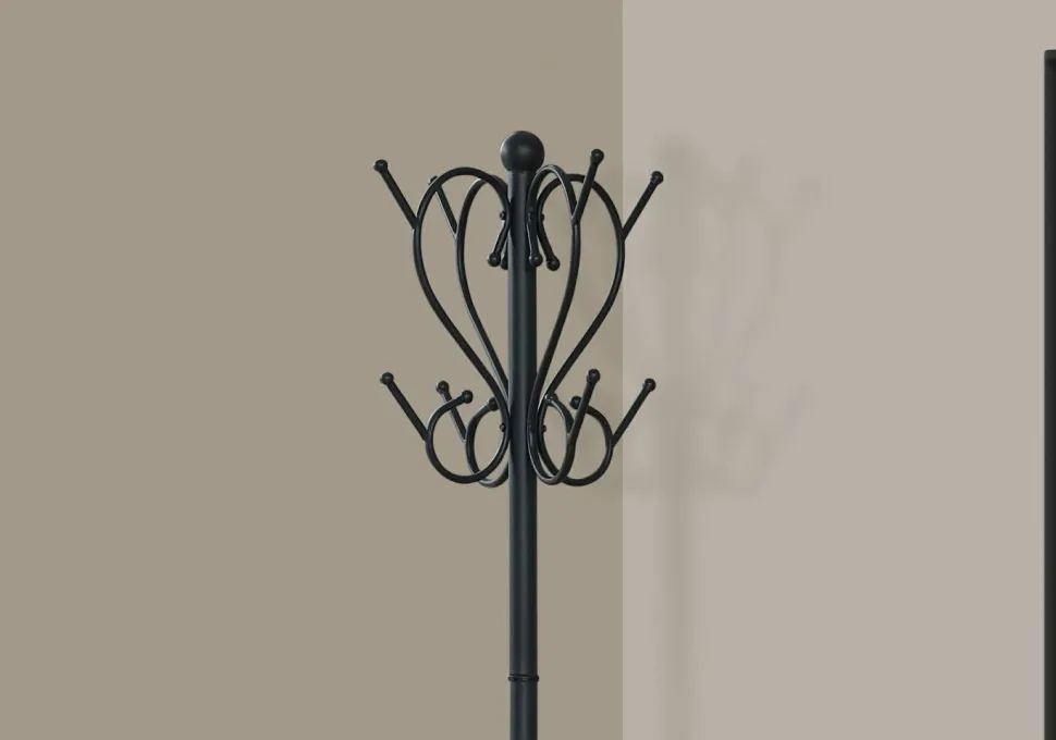 Coat Rack, Hall Tree, Free Standing, 8 Hooks, Entryway, 71"H, Umbrella Holder, Bedroom, Black Metal, Transitional