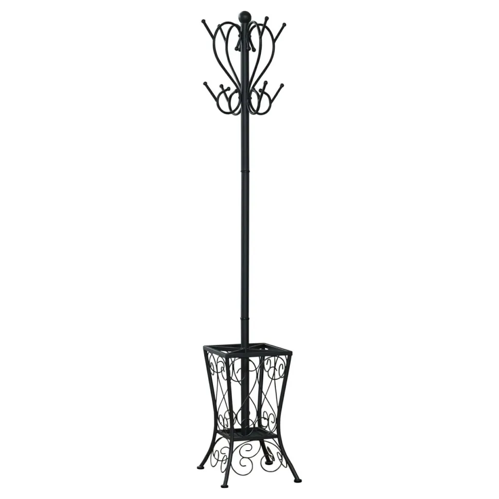 Coat Rack, Hall Tree, Free Standing, 8 Hooks, Entryway, 71"H, Umbrella Holder, Bedroom, Black Metal, Transitional