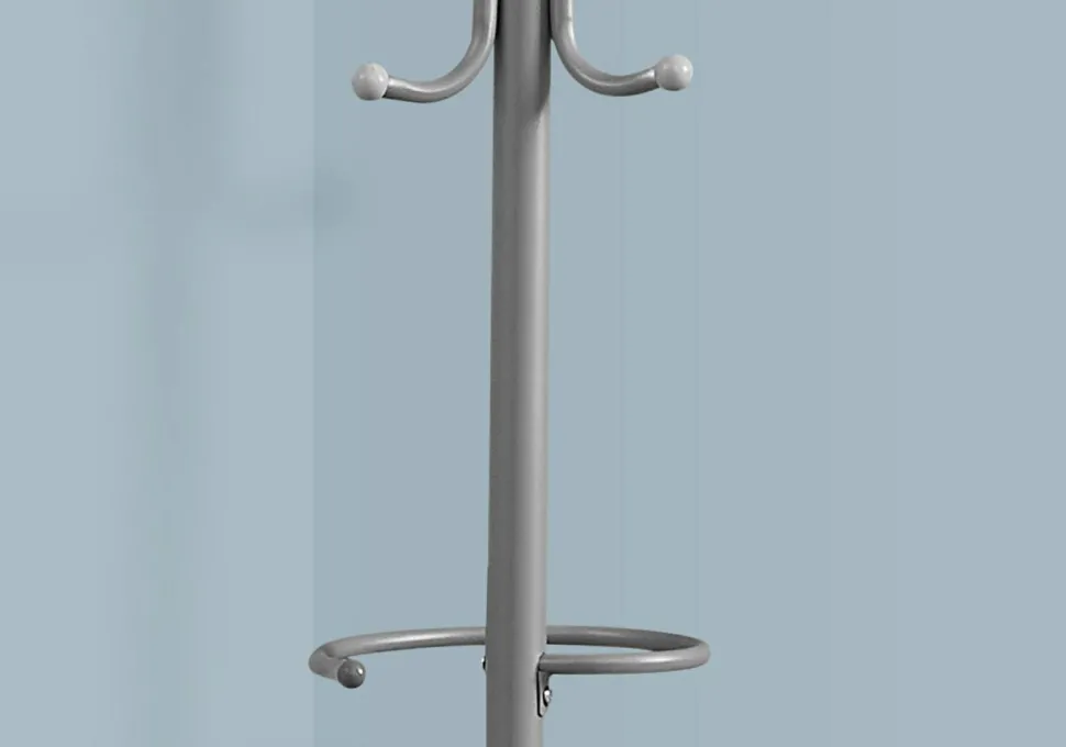 Coat Rack, Hall Tree, Free Standing, Hanging Bar, 6 Hooks, Entryway, 68"H, Bedroom, Grey Metal, Contemporary, Modern