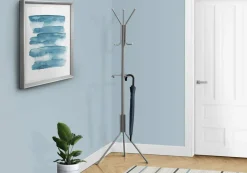 Coat Rack, Hall Tree, Free Standing, Hanging Bar, 6 Hooks, Entryway, 68"H, Bedroom, Grey Metal, Contemporary, Modern