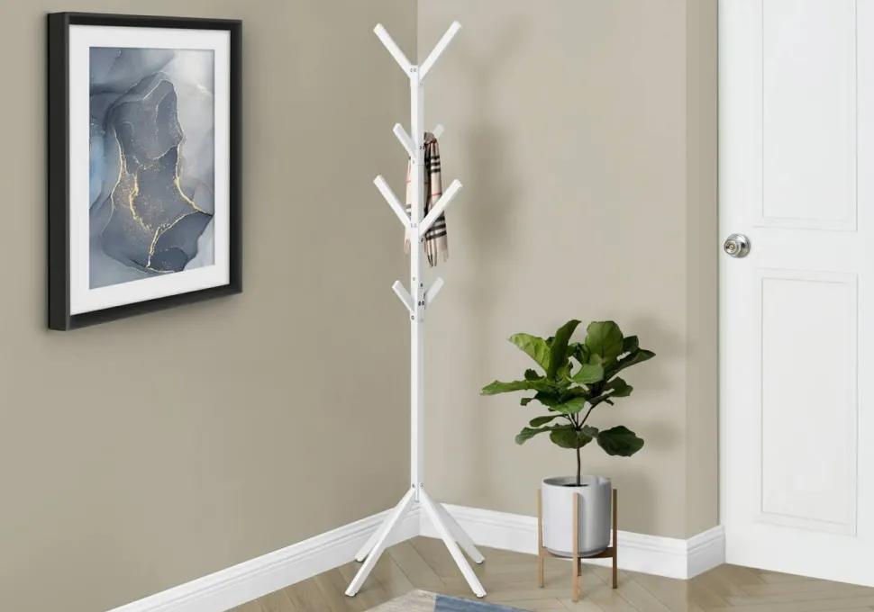 Coat Rack, Hall Tree, Free Standing, 8 Hooks, Entryway, 70"H, Bedroom, White Metal, Contemporary, Modern