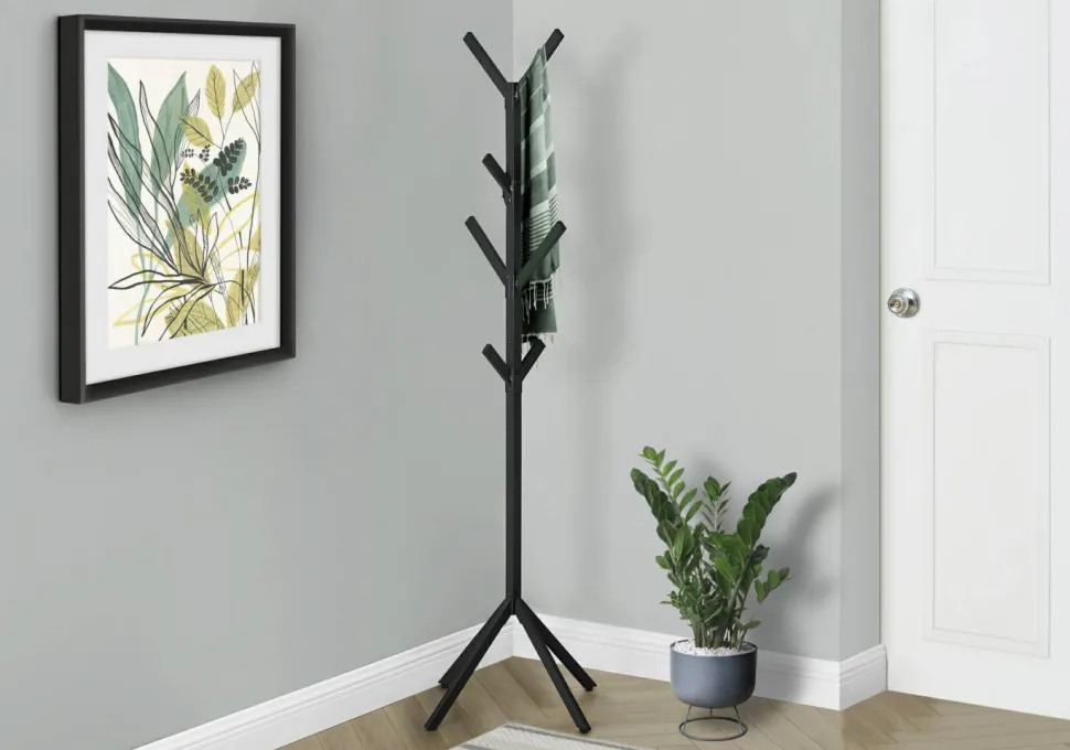 Coat Rack, Hall Tree, Free Standing, 8 Hooks, Entryway, 70"H, Bedroom, Black Metal, Contemporary, Modern