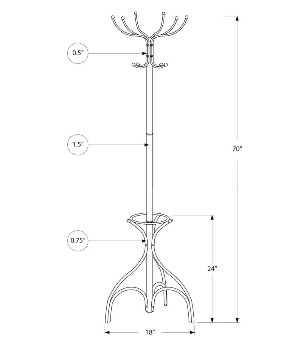 Coat Rack, Hall Tree, Free Standing, 12 Hooks, Entryway, 70"H, Umbrella Holder, Bedroom, Black Metal, Transitional