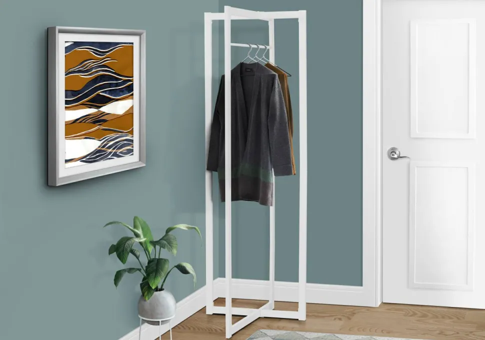 Coat Rack, Hall Tree, Free Standing, Hanging Bar, Entryway, 72"H, Bedroom, White Metal, Contemporary, Modern