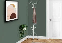 Coat Rack, Hall Tree, Free Standing, 12 Hooks, Entryway, 70"H, Umbrella Holder, Bedroom, White Metal, Contemporary, Modern