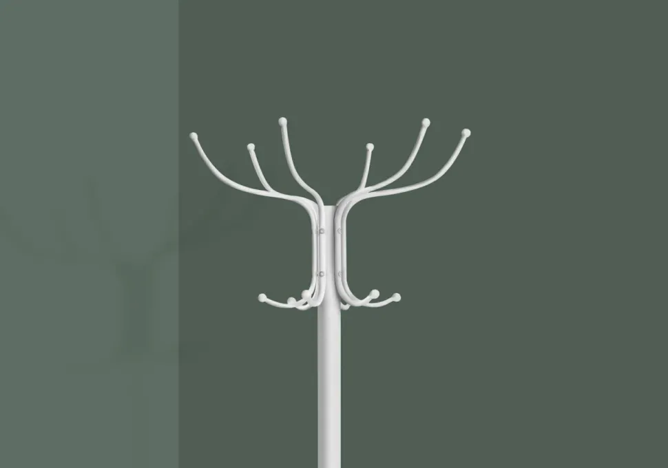 Coat Rack, Hall Tree, Free Standing, 12 Hooks, Entryway, 70"H, Umbrella Holder, Bedroom, White Metal, Contemporary, Modern
