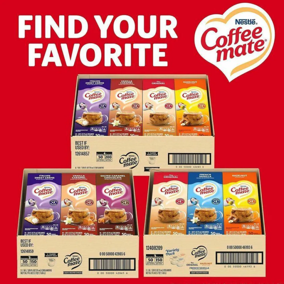 Coffee-Mate Creamer Singles Variety Pack, 0.38 Oz, 50 Creamers Per Carton, Case of 3 Cartons