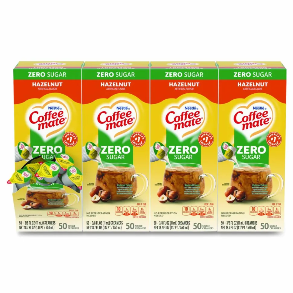 Coffee mate Liquid Coffee Creamer, Zero Sugar Hazelnut, 0.38 oz Mini Cups, 50/Box, 4 Boxes/Carton