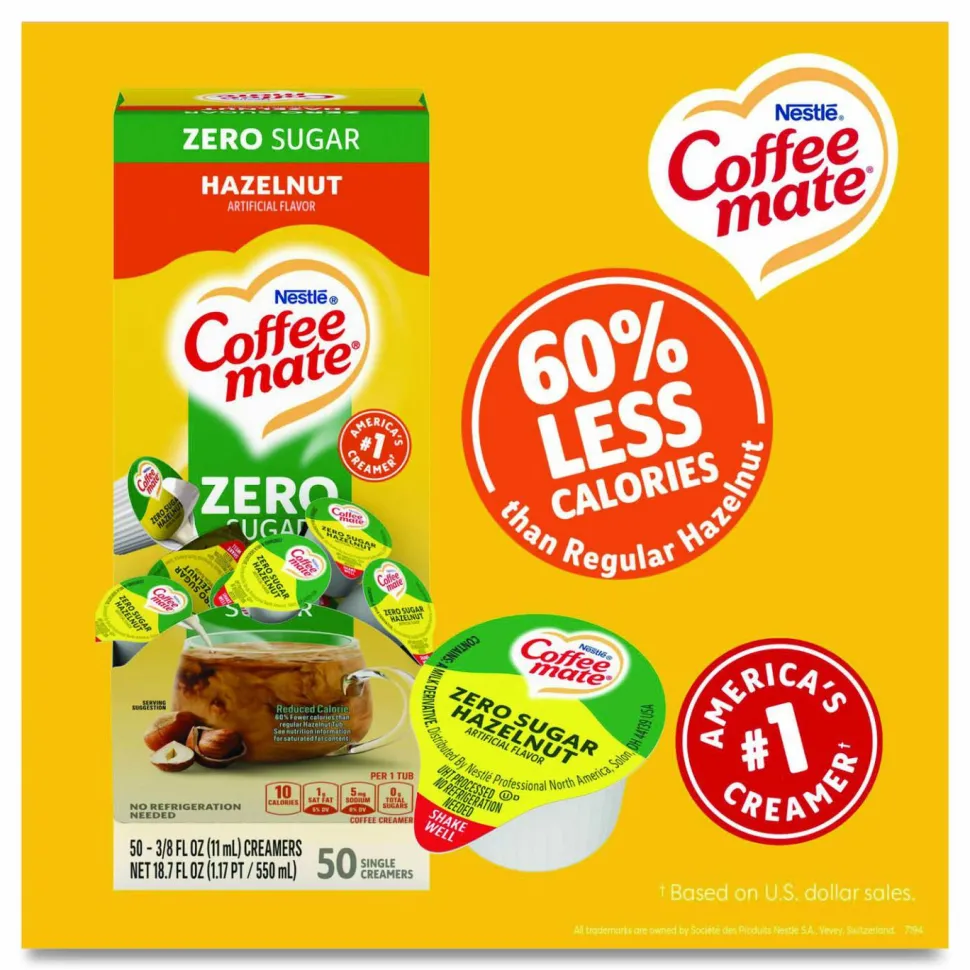 Coffee mate Liquid Coffee Creamer, Zero Sugar Hazelnut, 0.38 oz Mini Cups, 50/Box, 4 Boxes/Carton