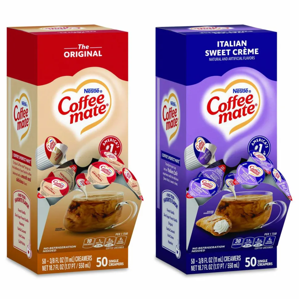 Coffee mate Liquid Coffee Creamer, French Vanilla/Hazelnut/Italian Sweet Creme/Original, 0.38 oz Mini Cups, 200/Carton